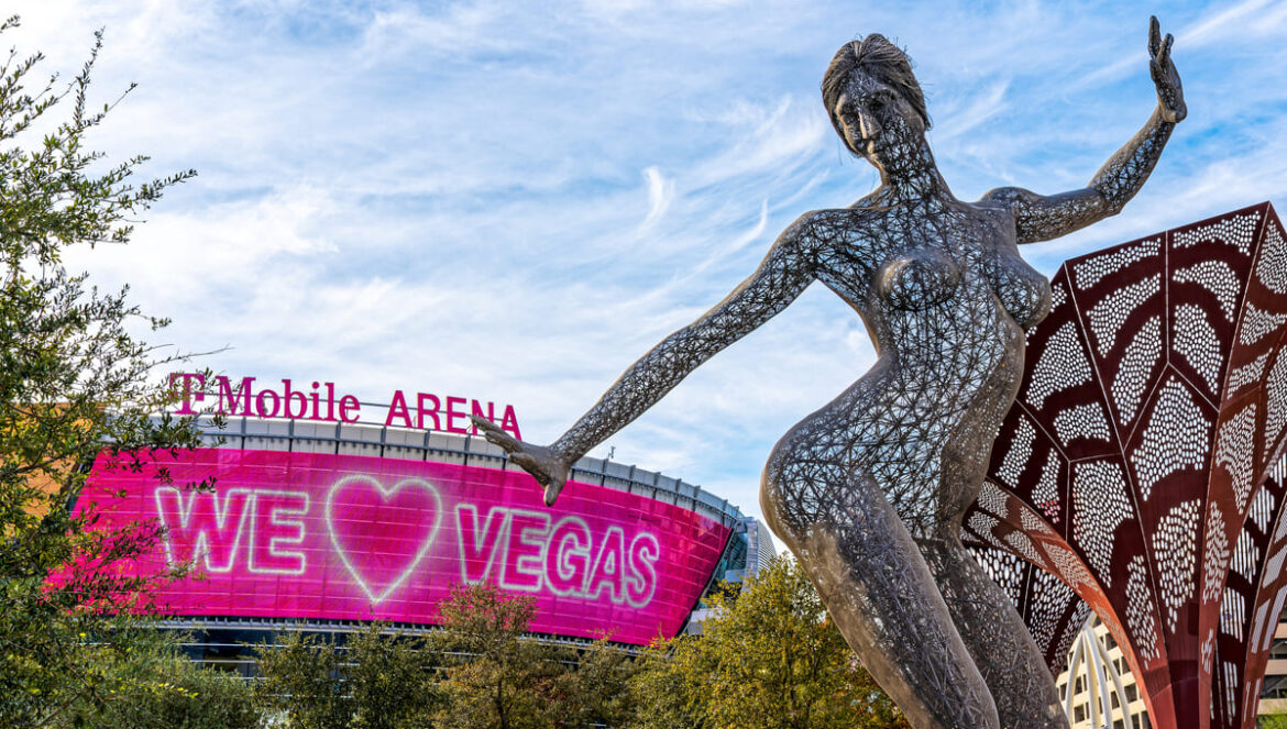 View of the T Mobile Arena, with "We heart Vegas" electronic sign
